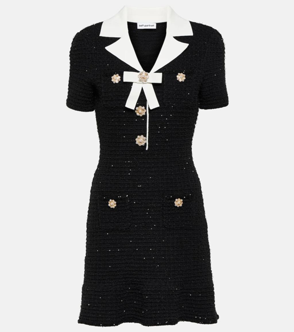 Womens Black Bow-embellished Contrast-trim Woven Mini Dress Product Image