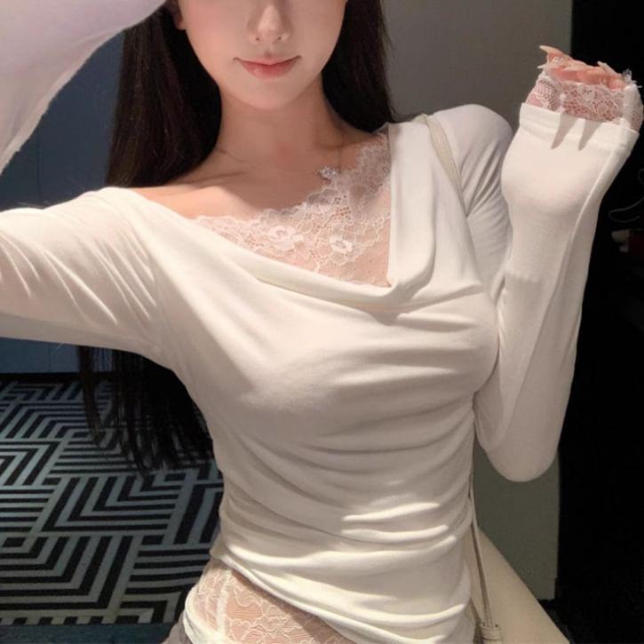 Long Sleeve Cowl Neck Lace Panel Plain Slim-Fit Top Product Image