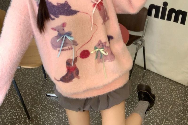 Crew Neck Cartoon Print Bow Sweater Product Image