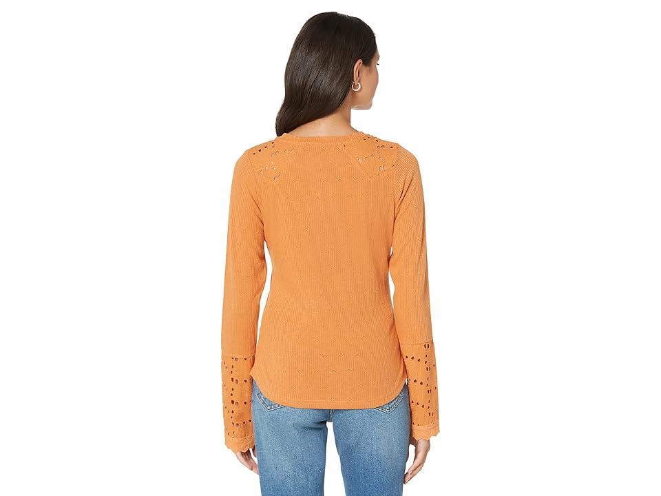 Miss Me Eyelet Long Sleeve Knit Top (Rust Orange) Women's Clothing Product Image