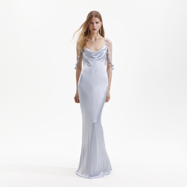 Blue Satin Flower Maxi Dress Product Image