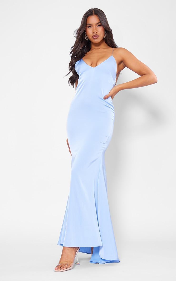 Light Blue Satin V Neck Maxi Dress Product Image