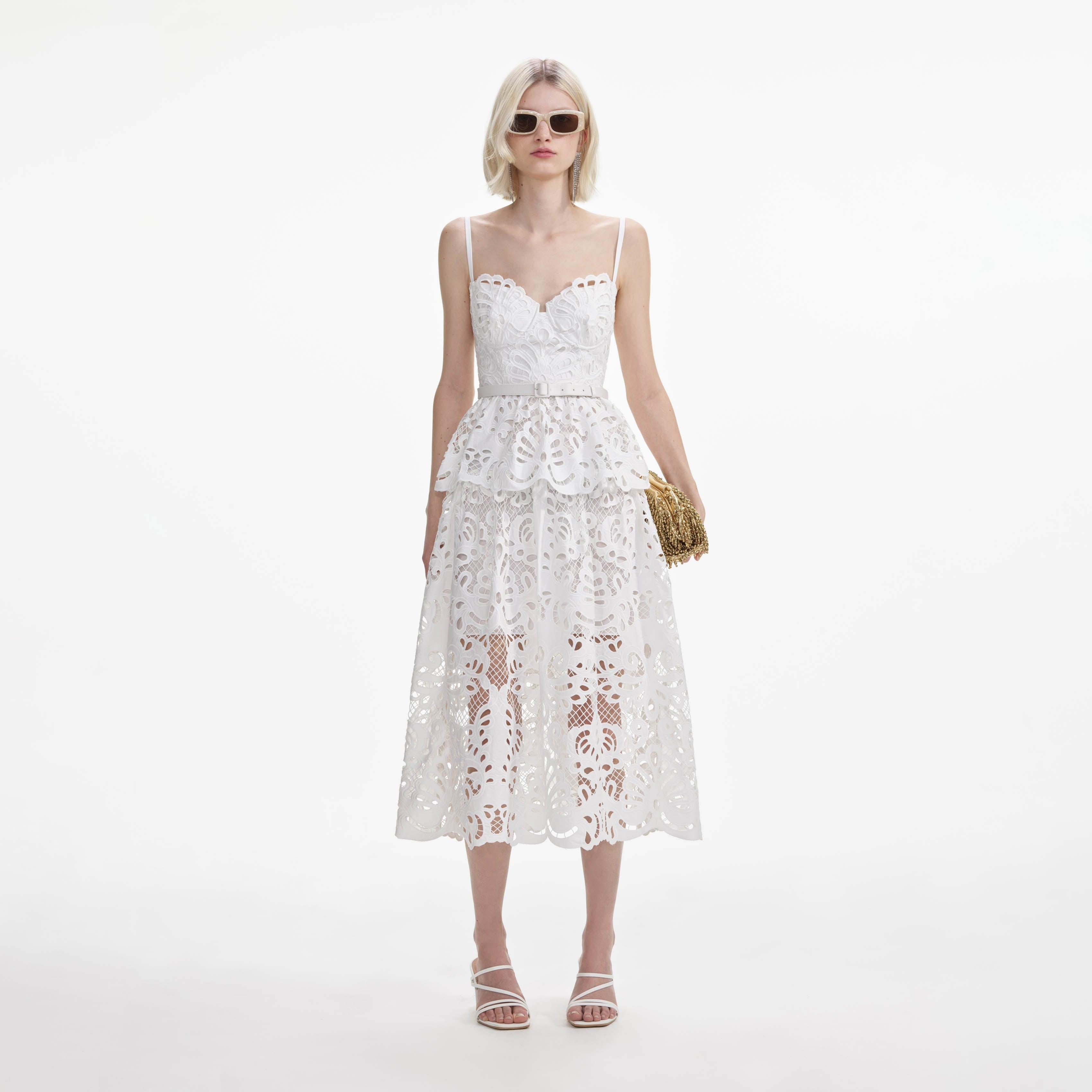 White Cotton Lace Tiered Midi Dress product image