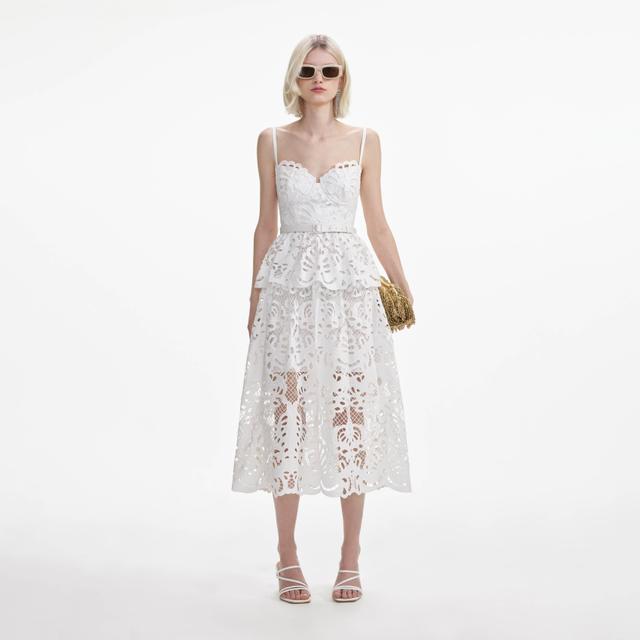 White Cotton Lace Tiered Midi Dress Product Image