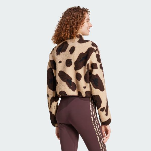 Essentials 3-Stripes Animal Print High Pile Cropped 1/4 Zip Top Product Image