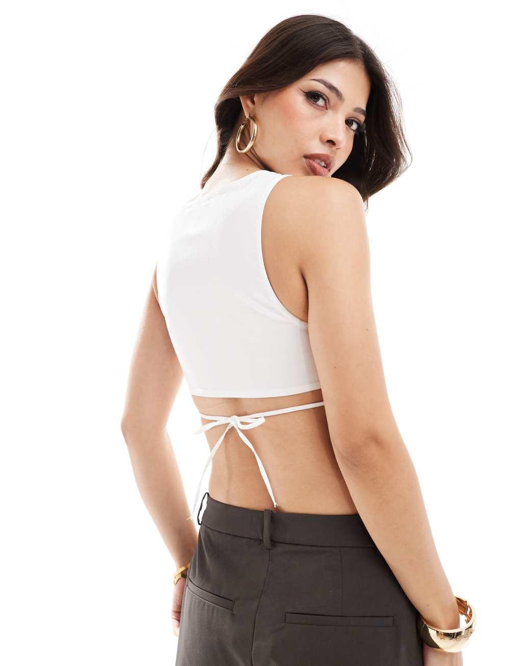 Bershka longline tie back top in white Product Image