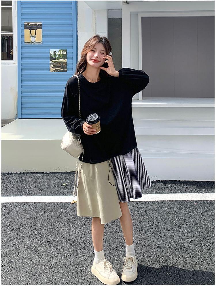 Crew Neck Mock Two-Piece Asymmetrical Striped Panel Drawstring Sweatshirt Dress Product Image