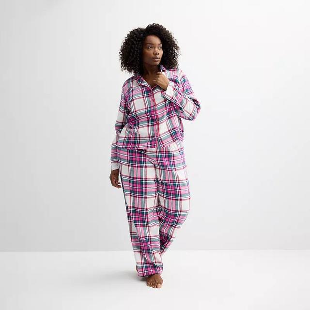 Plus Size Sonoma Goods For Life Flannel Notch Pajama Top & Pajama Bottoms Set, Womens Blue Gingham Product Image