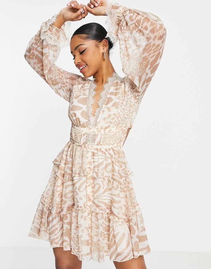 ASOS DESIGN patched animal ruffle mini dress with lace trim detail-Multi Product Image