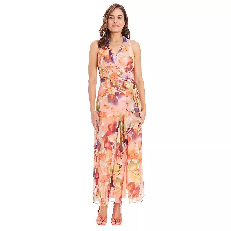 Womens London Times Floral Watercolor Halter Neck Ruffly Slit Hem Maxi Dress Product Image