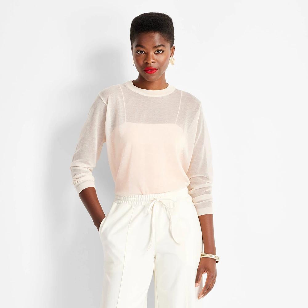 Womens Crewneck Sheer Sweater - Future Collective Champagne L Product Image