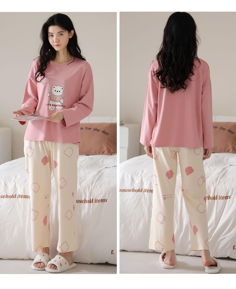 Loungewear Set : Long-Sleeve Bear Print Padded T-Shirt + Pants Product Image