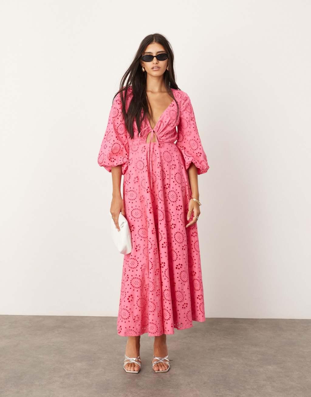 ASOS EDITION eyelet tie front midi dress with cut out detail in hot pink Product Image