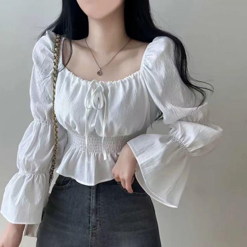 Long-Sleeve Square Neck Plain Bow Peplum Cropped Blouse Product Image