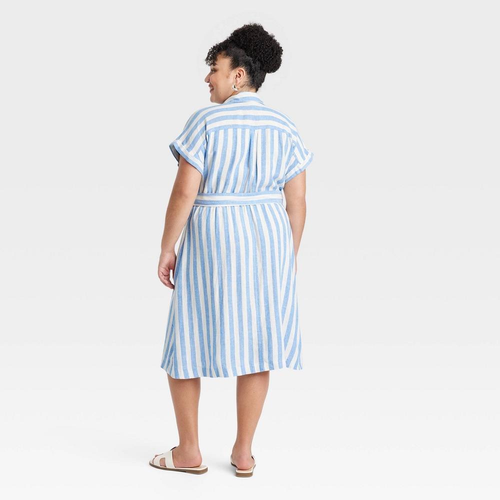 Womens Short Sleeve Tie-Front Midi Shirtdress - Ava & Viv Blue Striped XXL Product Image