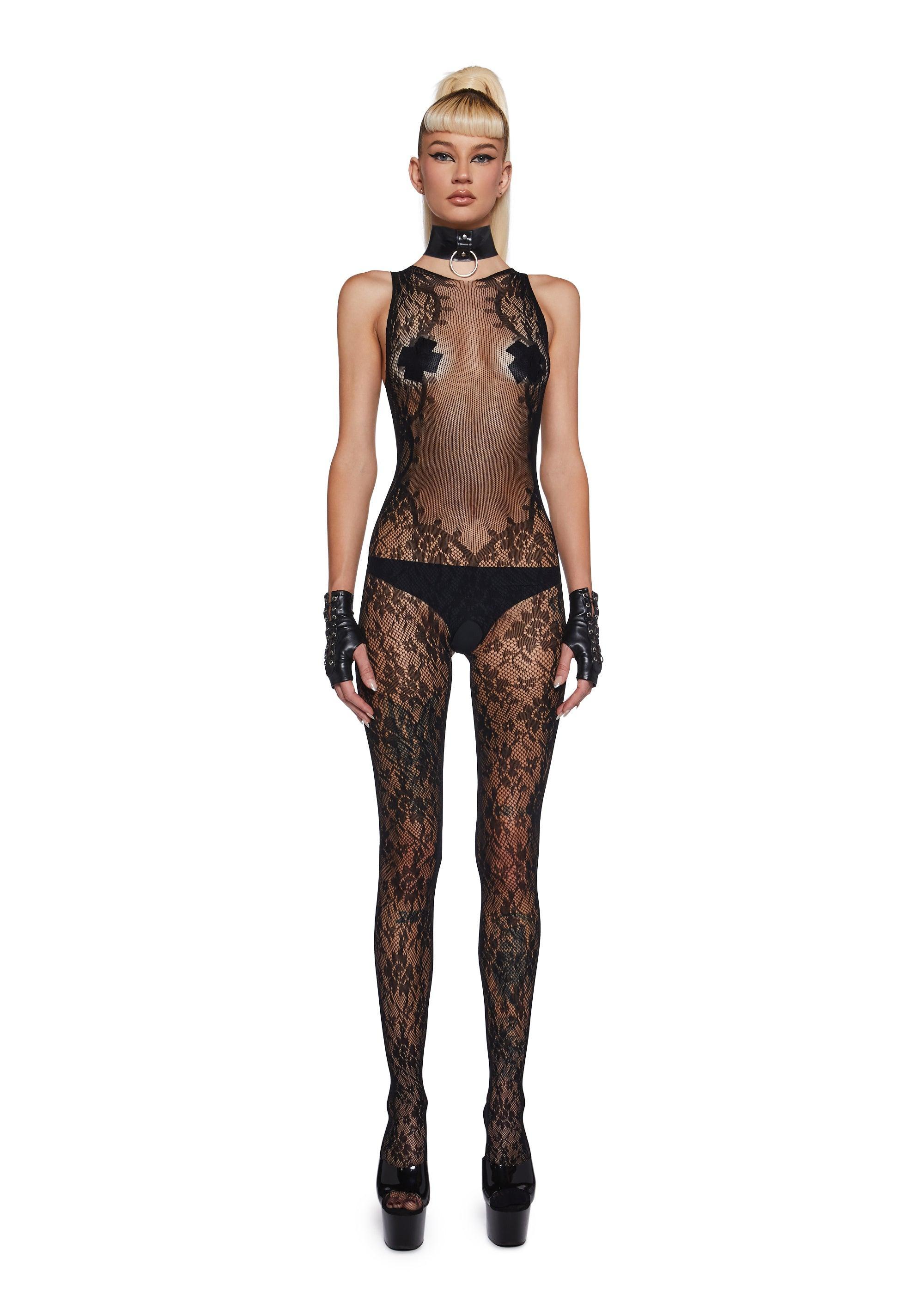 Stretchy Sheer Mesh Floral Lace High Neck Crotchless Body Stocking - Black Product Image