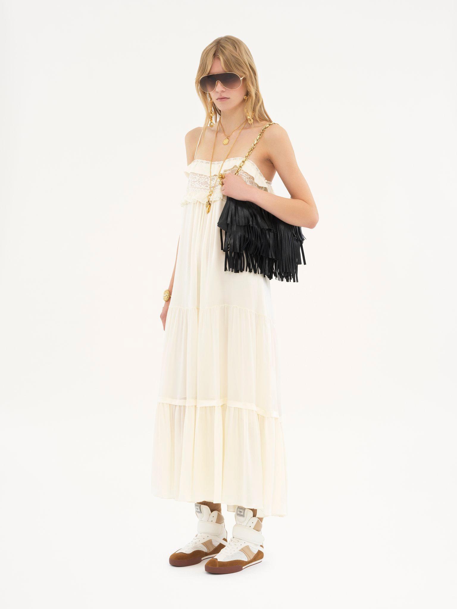 Sleeveless long dress in silk charmeuse Product Image