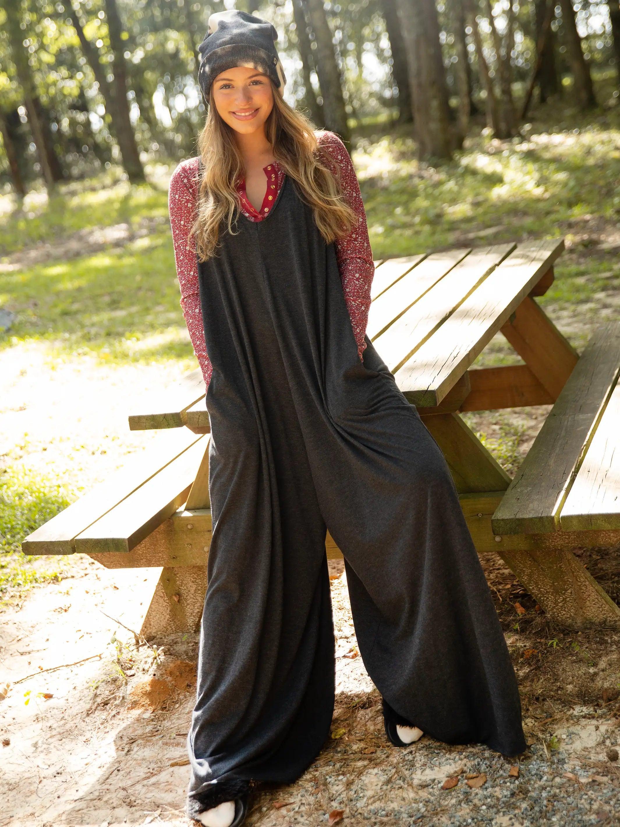 Knit V-Neck Jumpsuit - Charcoal Product Image