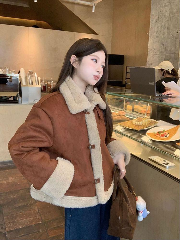 Plain Fluffy Trim Faux Suede Single-Breasted Jacket Product Image