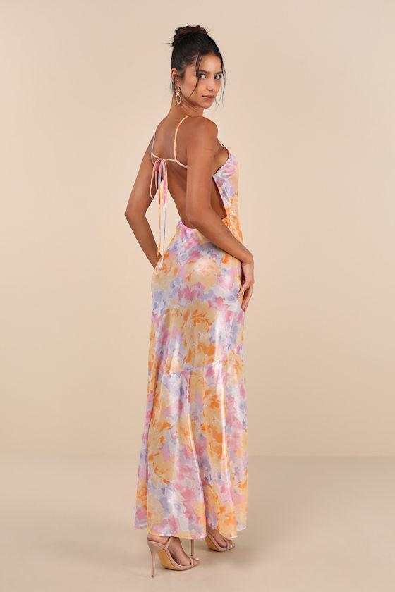 Distinctly Flirtatious Multi Floral Sheer Backless Maxi Dress Product Image