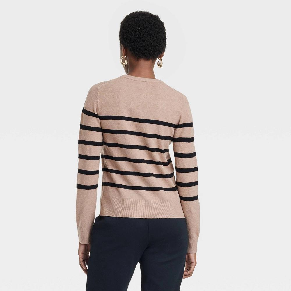 Women's Crewneck Pullover Sweater - A New Day™ Camel/Black Striped S Product Image