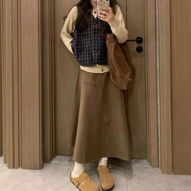 Round Neck Plain Cardigan / V-Neck Plaid Button Vest / High Waist Midi A-Line Skirt Product Image