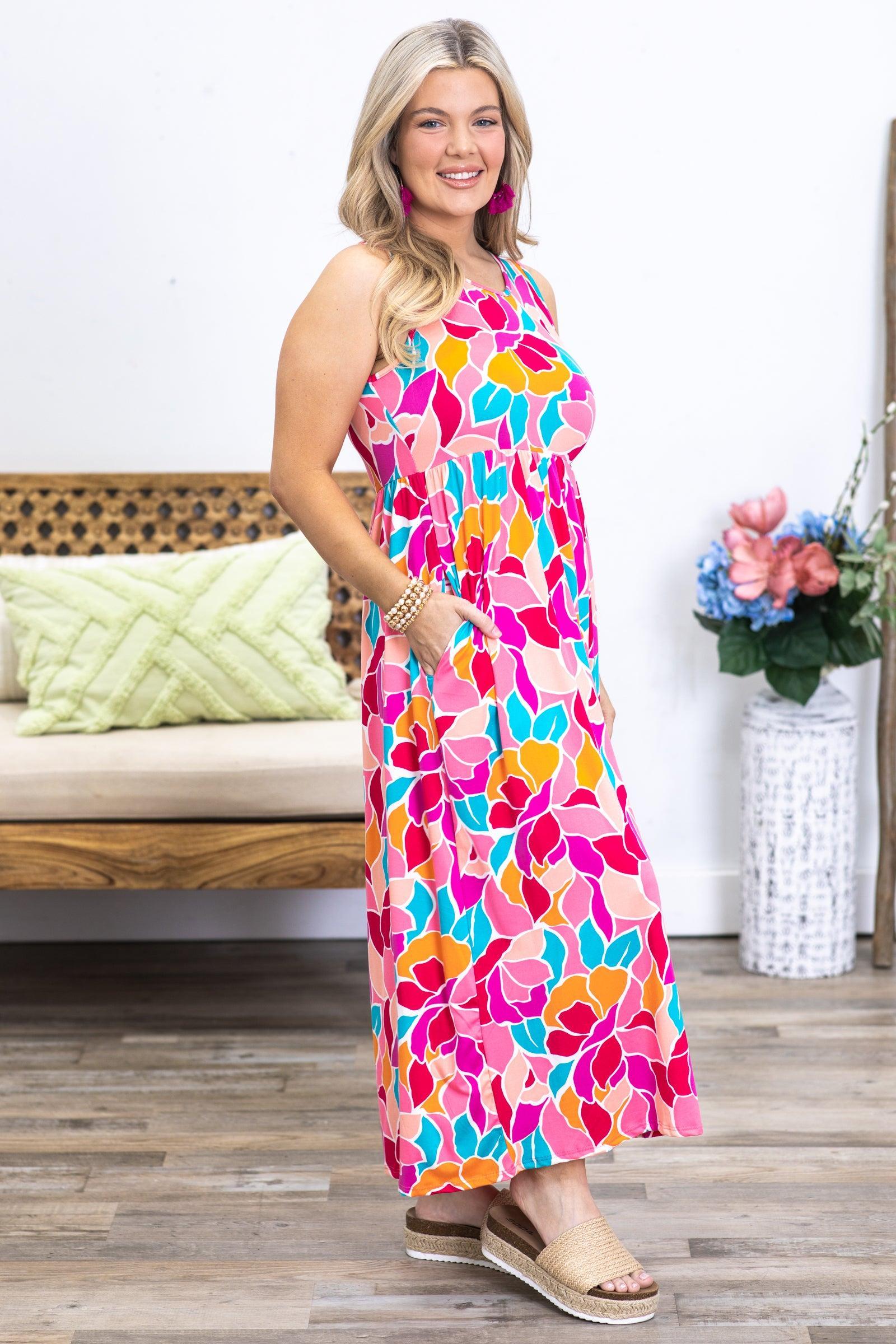 Fuchsia Multicolor Abstract Midi Dress Product Image