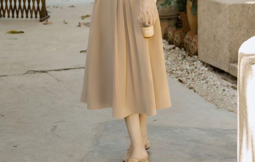 V-Neck Tweed Button Vest / Long-Sleeve Crew Neck Plain Ruffle Trim Blouse / Mid Rise Midi A-Line Skirt / Set Product Image