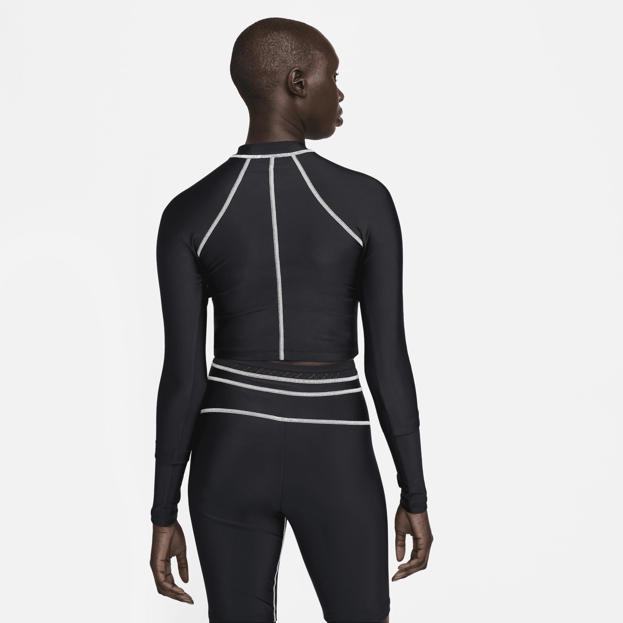 Nike Women's Fusion Long-Sleeve Hydroguard Crop Swim Top in Black, Size: Medium | NESSD180-001 Product Image