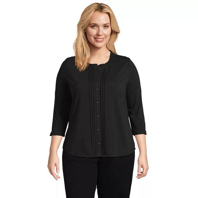 Plus Size Lands End 3/4 Sleeve Light Weight Jersey Ruffle Neck Pintuck Top, Womens Product Image