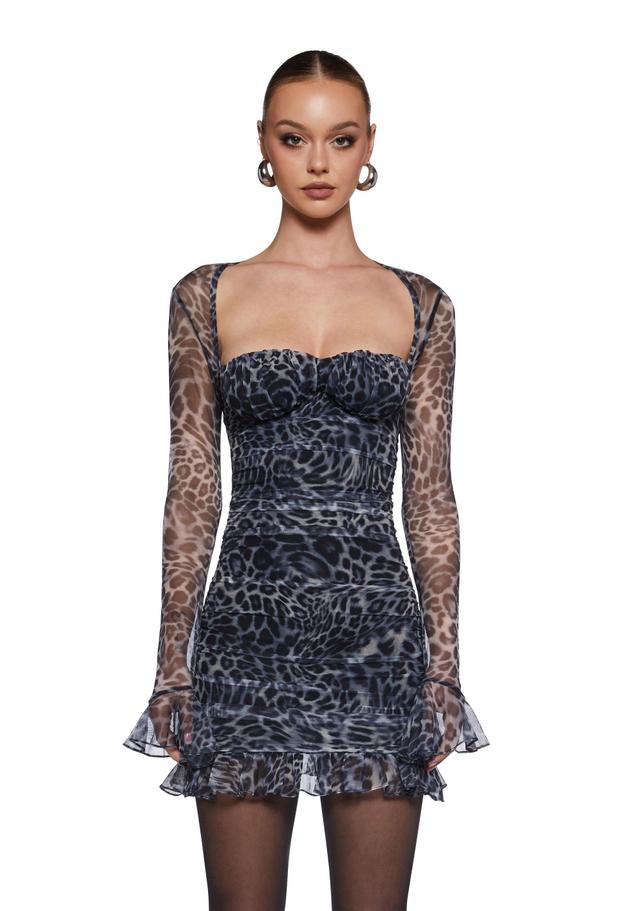 Womens Sexy Leopard Mini Dress With Ruching - Gray Product Image