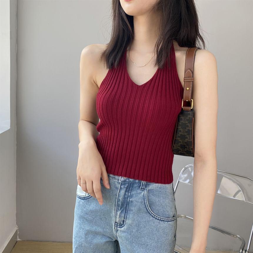 V-Neck Plain Ribbed Halter Top Product Image