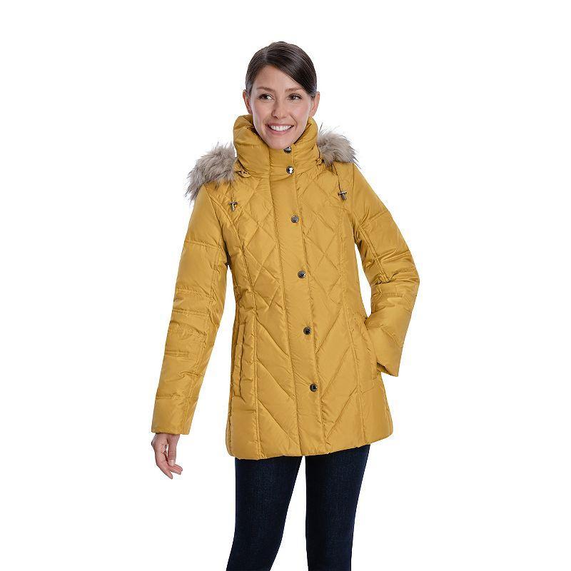 Womens TOWER by London Fog Hooded Faux-Fur Down Puffer Coat Gold Product Image