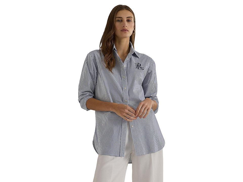 LAUREN Ralph Lauren Petite Relaxed Fit Striped Stretch Cotton Shirt White) Women's Clothing Product Image