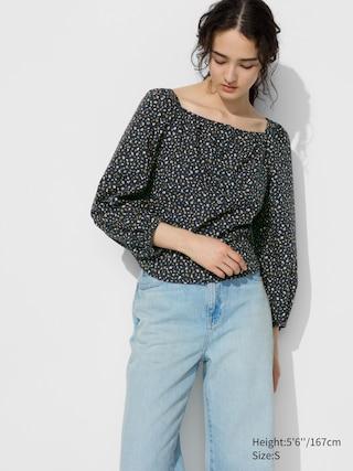 Womens Cotton Square Neck Floral Blouse Navy 2XS UNIQLO US Product Image