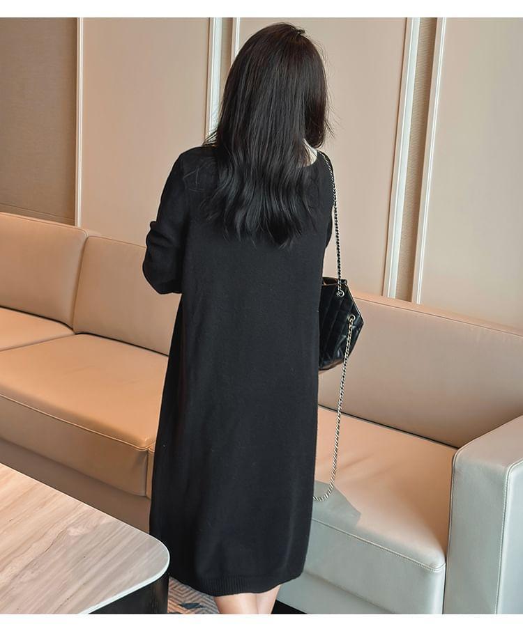 Long Sleeve Collared Two Tone Knit Midi A-Line Dress Product Image