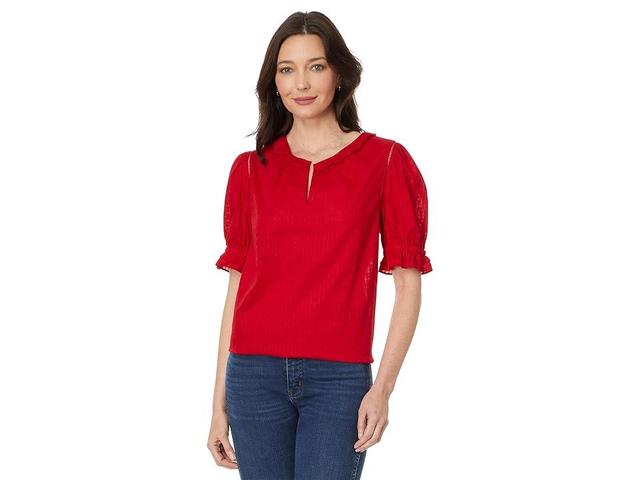 Tommy Hilfiger Dobby Stripe Puff Sleeve Top (Scarlet) Women's Clothing Product Image