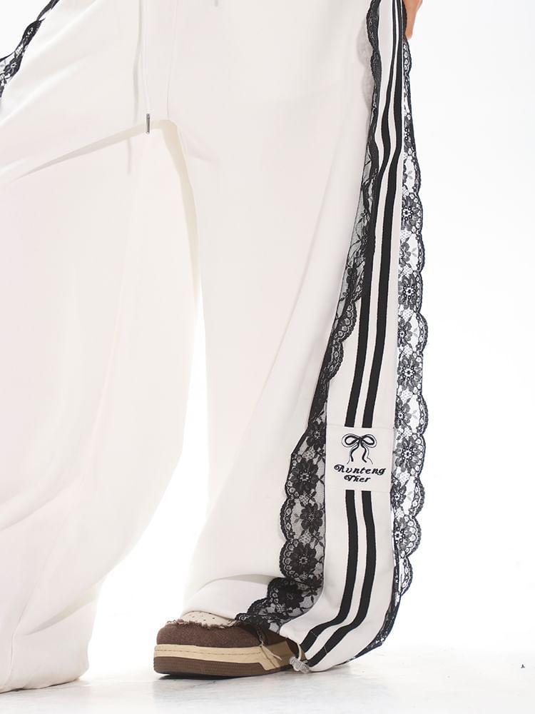 Drawstring Waist Striped Panel Lace Wide Leg Sweatpants Product Image