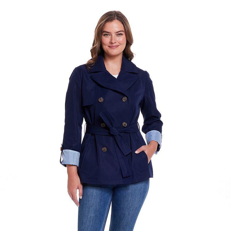 Womens Weathercast Lightweight Double Breasted Tie Waist Trench Coat Blue Product Image