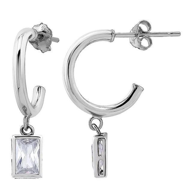 Aleure Precioso Sterling Silver Cubic Zirconia Baguette Drop Hoop Earrings, Womens Product Image