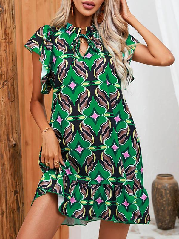 A-Line High Waisted Hollow Pleated Printed Split-Joint Tied Round-Neck Mini Dresses Product Image