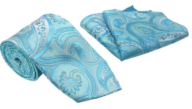 Turquoise Blue Floral Pattern Men's Classic Tie and Pocket Square Set Product Image