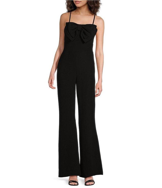 CeCe Crepe Sweetheart Neck Bow Front Sleeveless Spaghetti Strap Fitted Long Flare Leg Jumpsuit Product Image