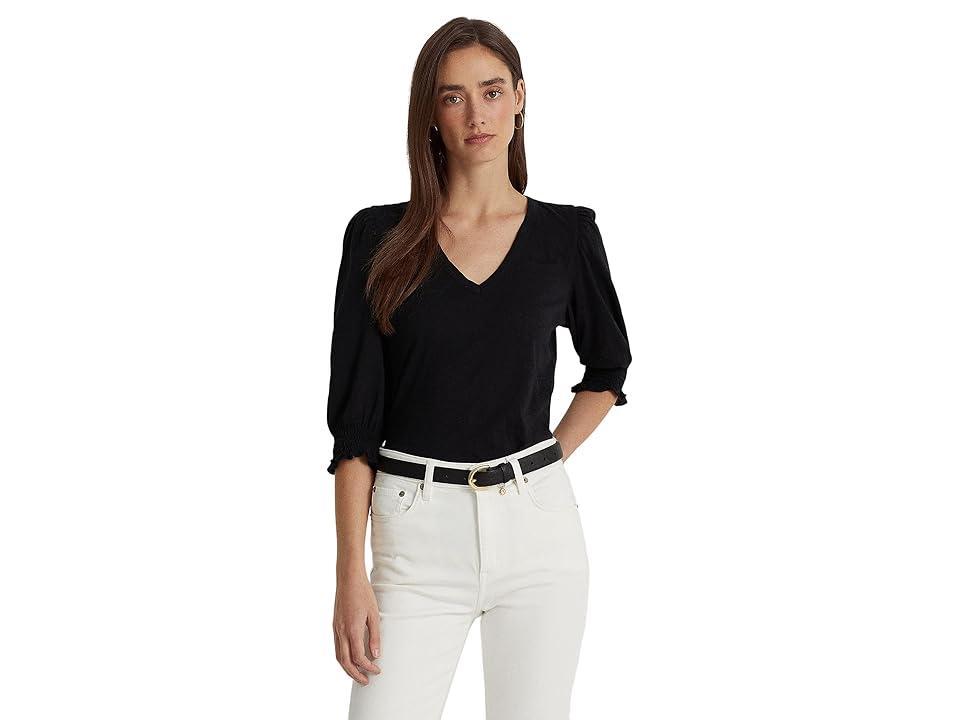 LAUREN Ralph Lauren Cotton Slub Jersey Puff-Sleeve Tee Women's Clothing Product Image