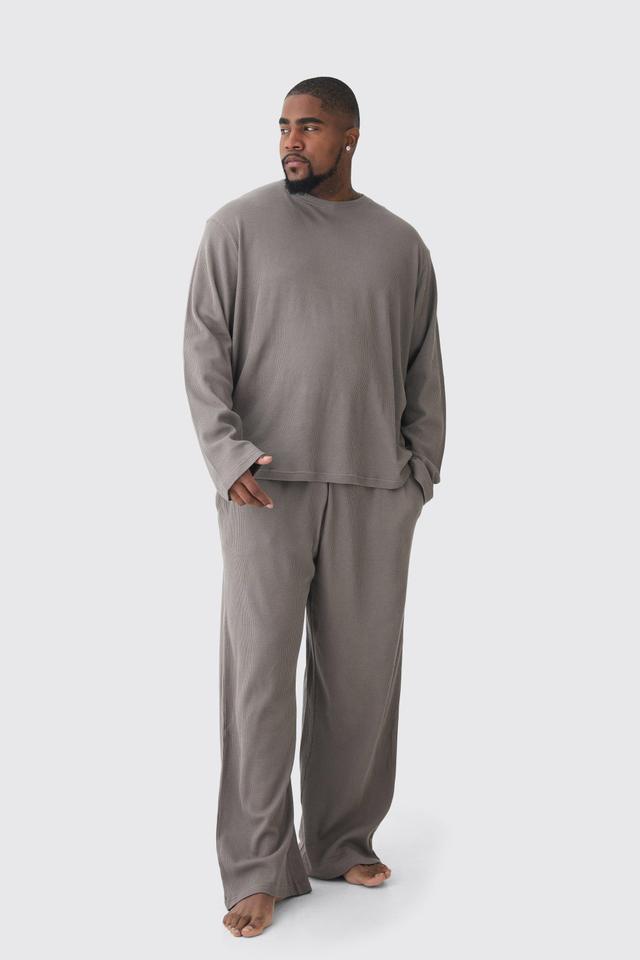 Plus Long Sleeve Waffle Lounge T-shirt & Sweatpants Set in Grey | boohooMAN USA Product Image