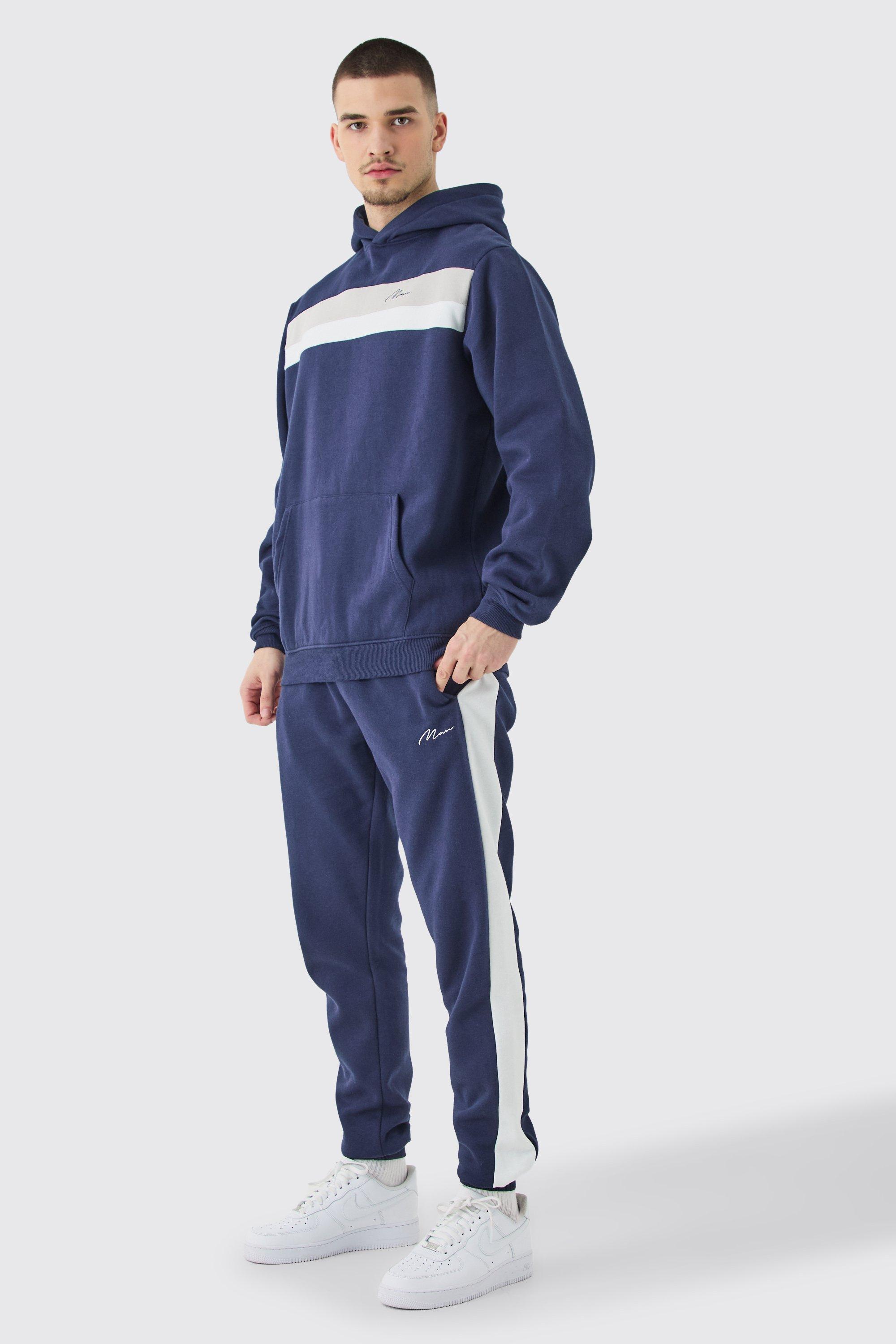 Mens Navy Tall Man Signature Colour Block Hooded Tracksuit, Navy product image