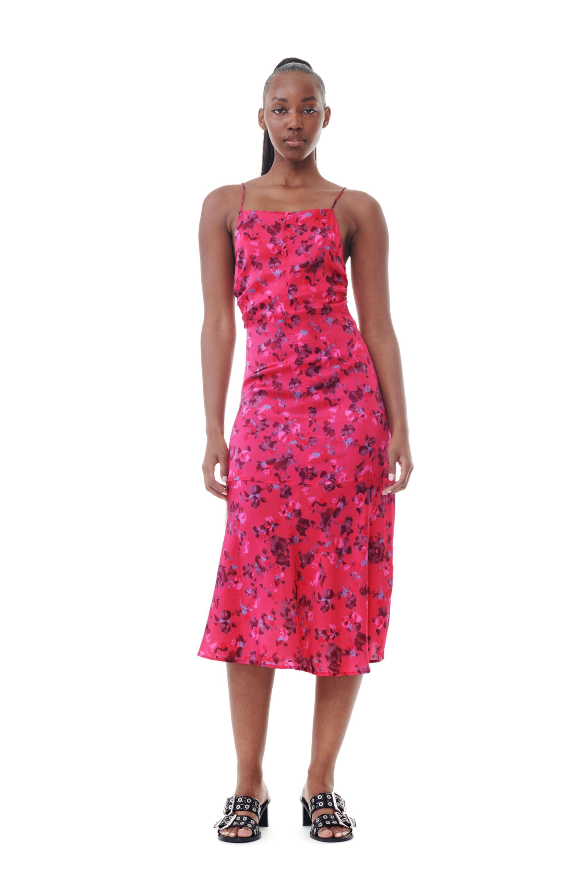 Pink Floral Printed Satin Midi Dress Product Image