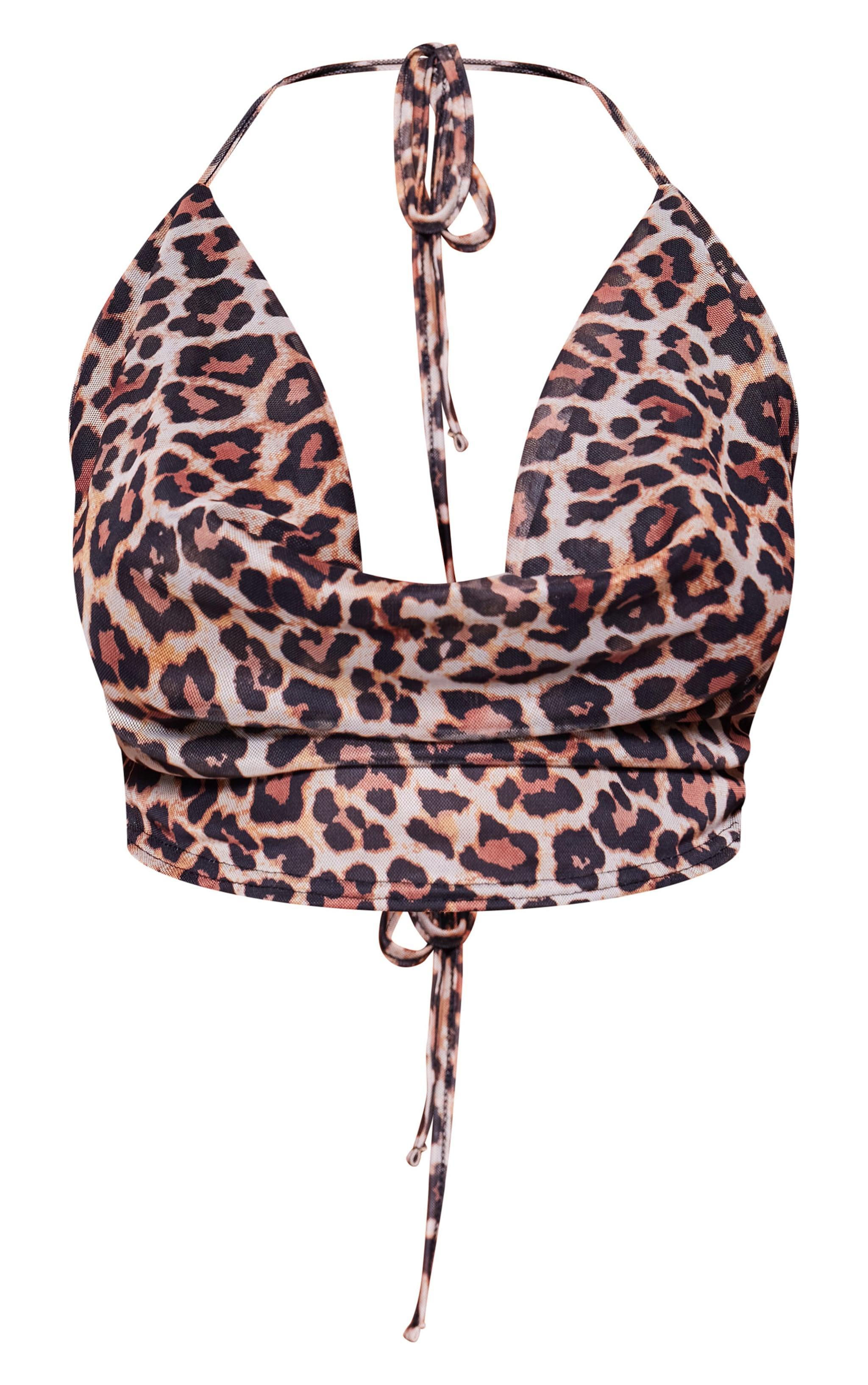 Brown Mesh Leopard Print Cowl Top Product Image