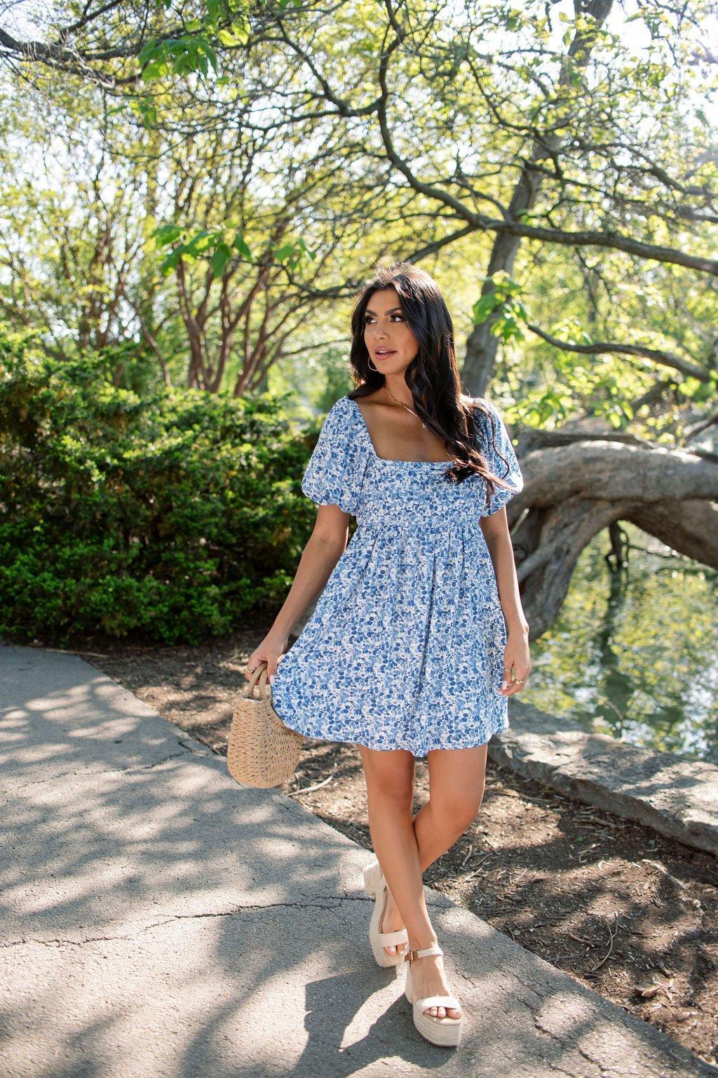 Blue Floral Print Pleated Mini Dress - FINAL SALE Product Image