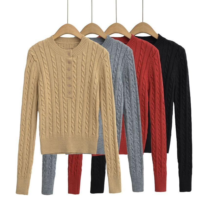 Long-Sleeve Plain Henley Cable Knit Top Product Image